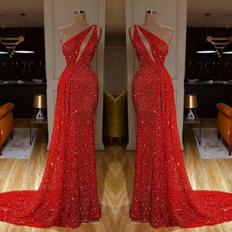 Red Long Mermaid One Shoulder Sequins Prom Dresses-showprettydress