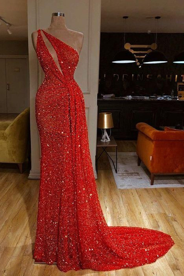 Red Long Mermaid One Shoulder Sequins Prom Dresses-showprettydress