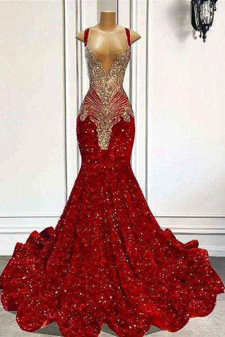 Red Long Sequins Mermaid Formal Prom Dresses Sleeveless With Crystal-showprettydress