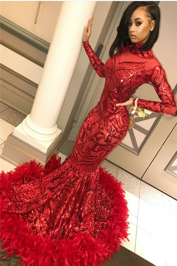 Red Mermaid Sequins Long Sleevess High Neck Prom Dresses-showprettydress