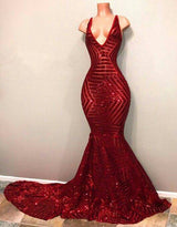 Red Sequins Shiny V-Neck Mermaid Long Prom Dresses-showprettydress