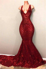 Red Sequins Shiny V-Neck Mermaid Long Prom Dresses-showprettydress