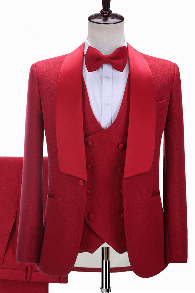 Red Three-piece Shawl Lapel Slim Fit Wedding Suits-showprettydress