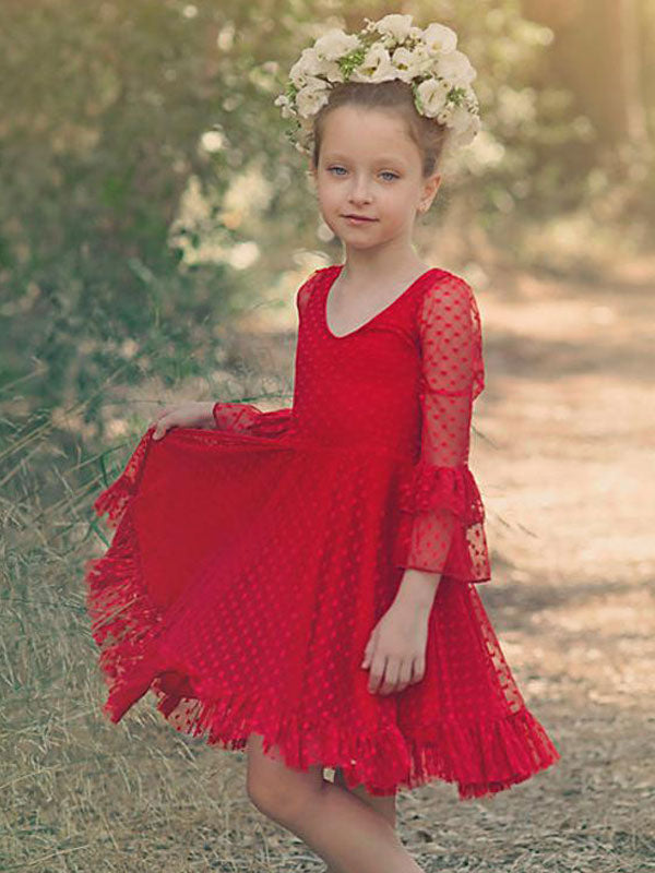 Red V-Neck Long Sleeves Lace Polyester Formal Kids Pageant flower girl dresses-showprettydress