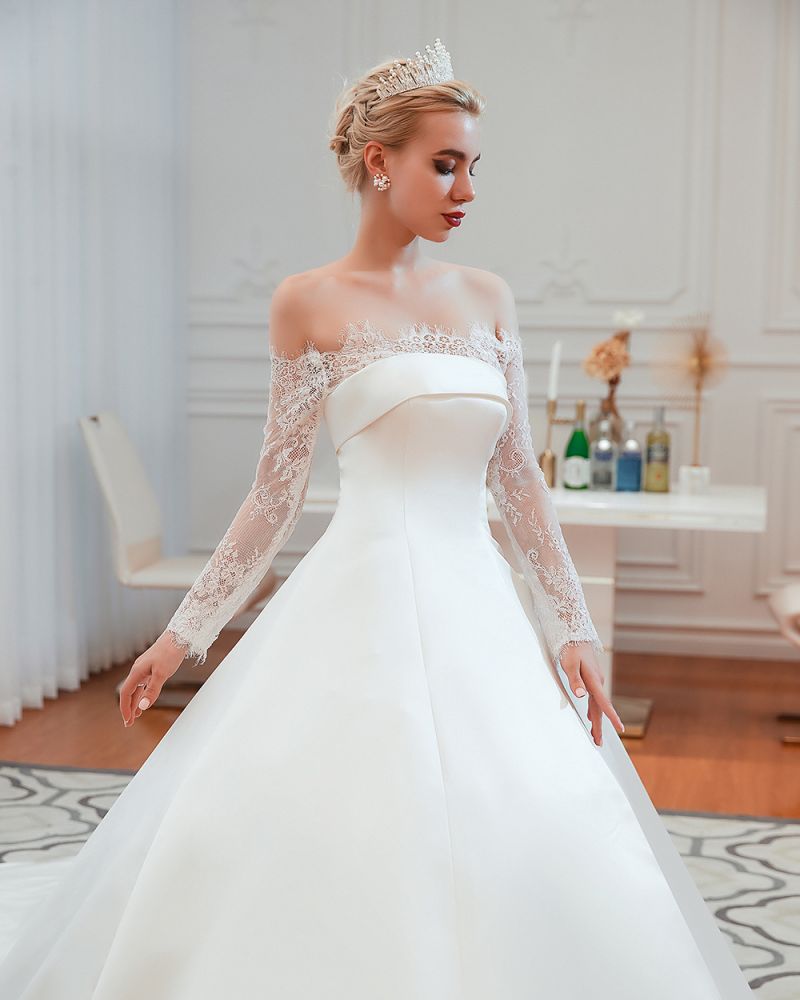 Romantic Lace Long Sleevess Princess Satin Wedding Dress – showprettydress