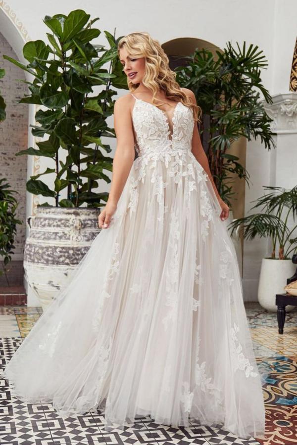 Romantic Long A-line V-neck Lace Tulle Lace Open Back Wedding Dress-showprettydress