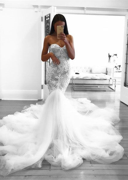 Romantic Sweetheart Lace White Sheer Wedding Dress Mermaid Bridal Gown-showprettydress