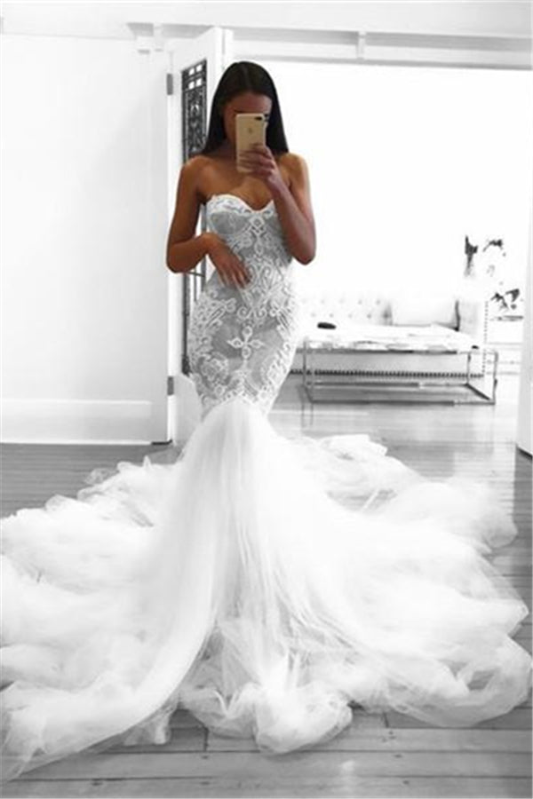 Romantic Sweetheart Lace White Sheer Wedding Dress Mermaid Bridal Gown-showprettydress