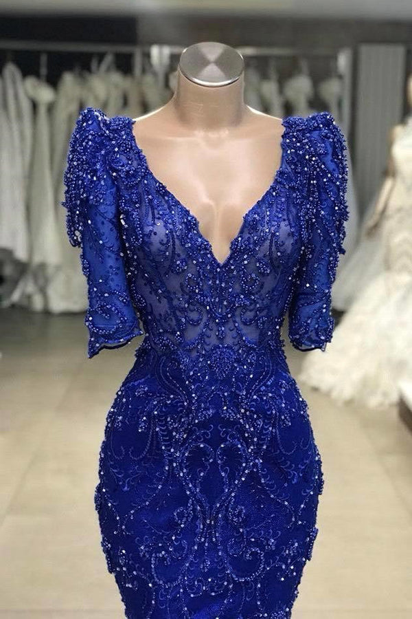 Royal blue Beaded Lace appliques 1/2 sleeve Mermaid Prom Party Gowns-showprettydress