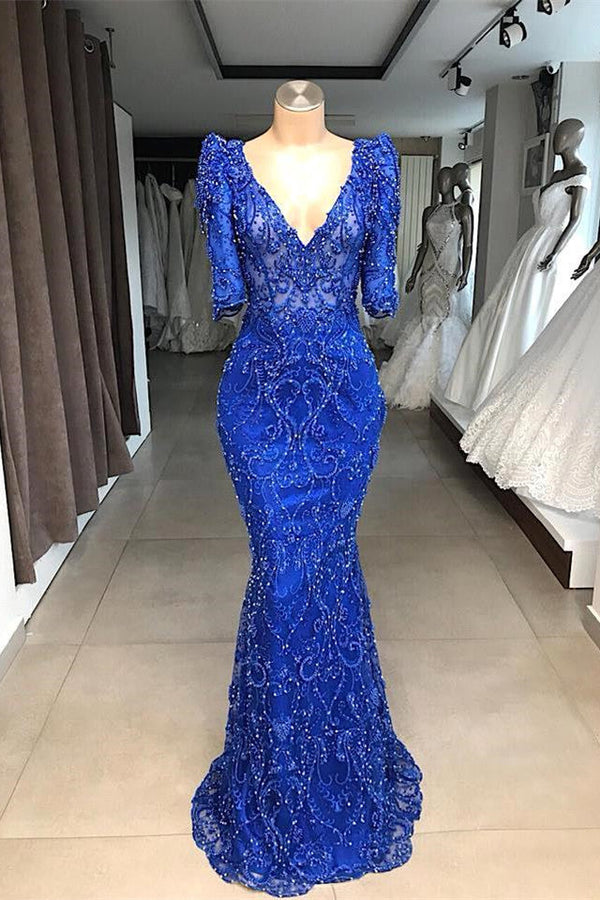 Royal blue Beaded Lace appliques 1/2 sleeve Mermaid Prom Party Gowns-showprettydress