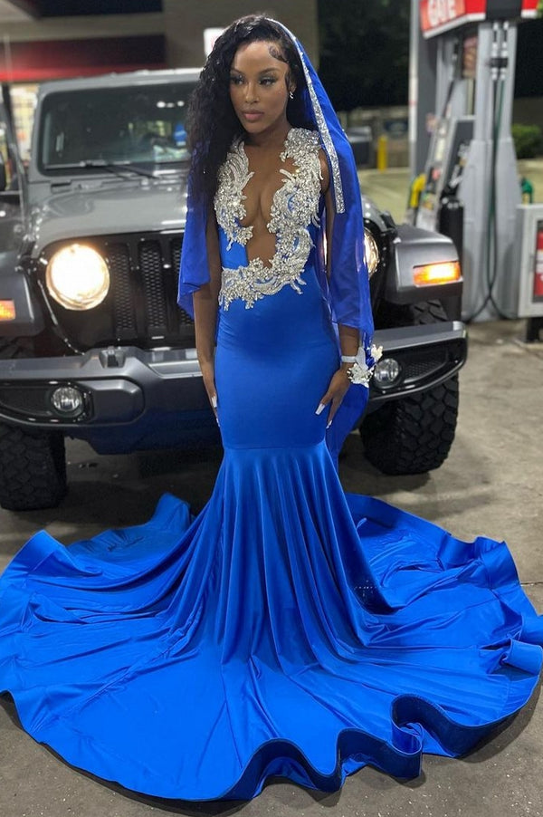 Royal Blue Deep V-neck Mermaid Court Train Long Prom Dresses-showprettydress