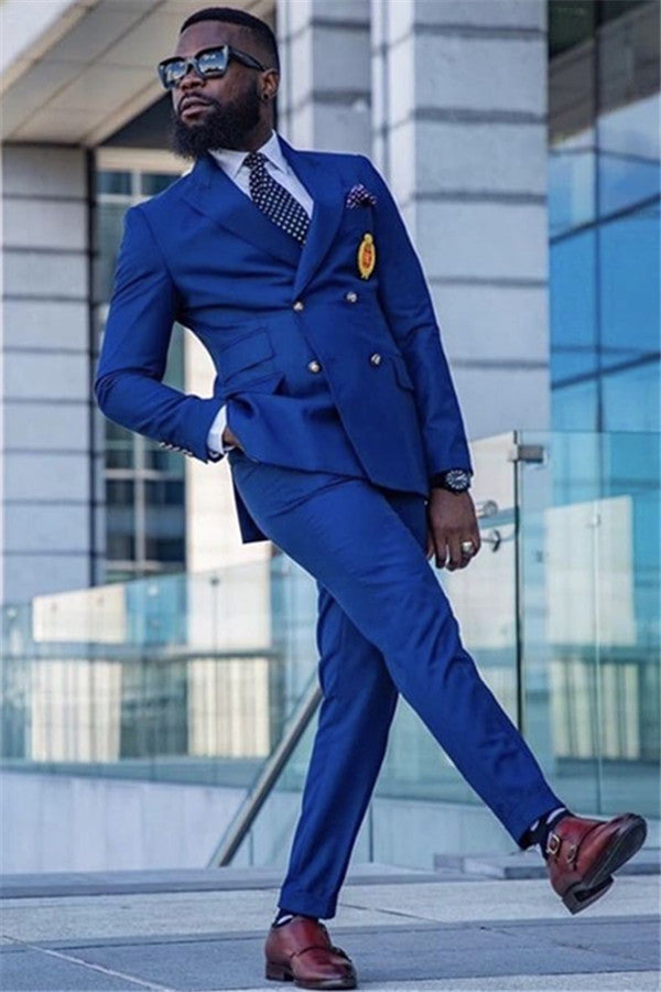 Royal Blue Double Breasted Peaked Lapel Formal Mens Suit-showprettydress