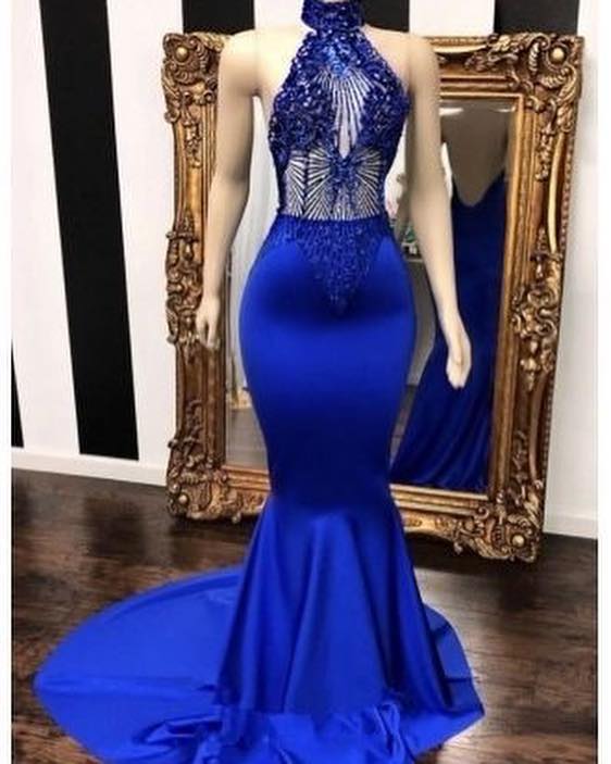 Royal Blue Halter Sleeveless Lace Beading Mermaid Long Prom Dresses-showprettydress