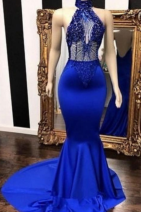 Royal Blue Halter Sleeveless Lace Beading Mermaid Long Prom Dresses-showprettydress