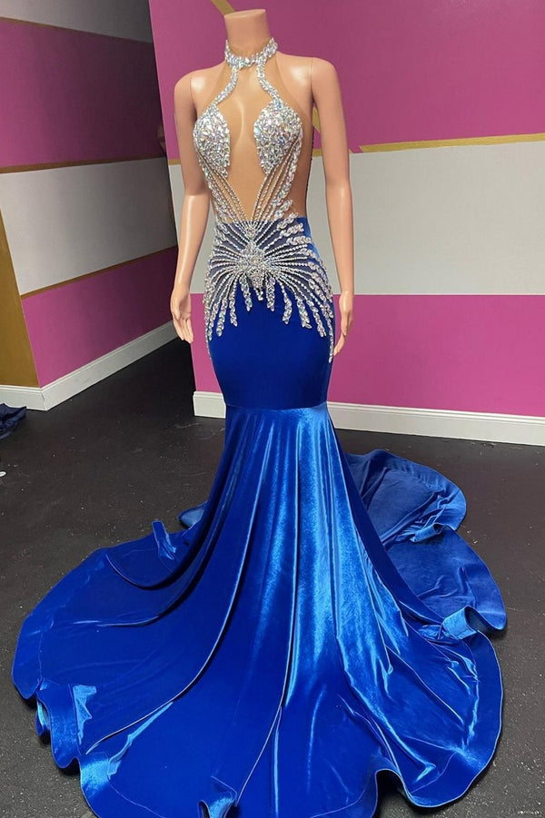 Royal Blue Halter Velvet Mermaid Silver Beaded Prom Dresses-showprettydress