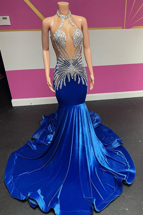 Royal Blue Halter Velvet Mermaid Silver Beaded Prom Dresses-showprettydress