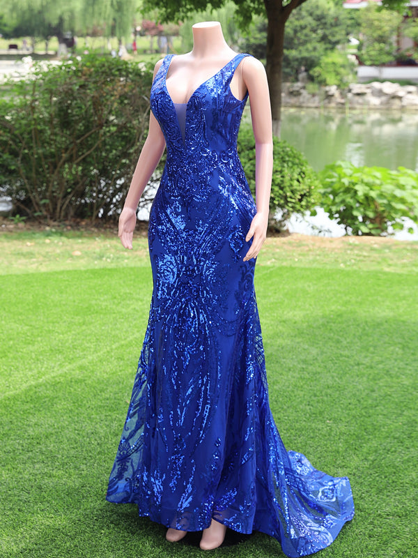 Royal Blue Long Mermaid V-neck Sequined Lace-up Backless Prom Dresses-showprettydress