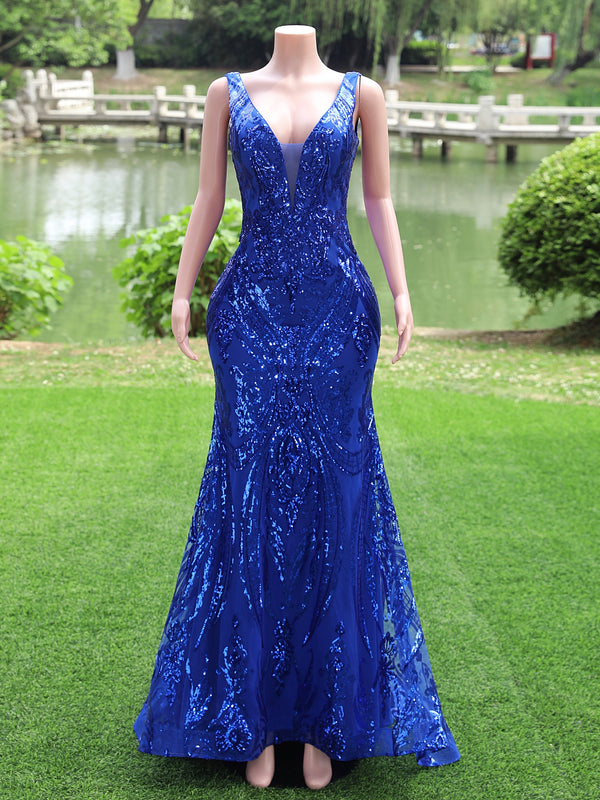 Royal Blue Long Mermaid V-neck Sequined Lace-up Backless Prom Dresses-showprettydress