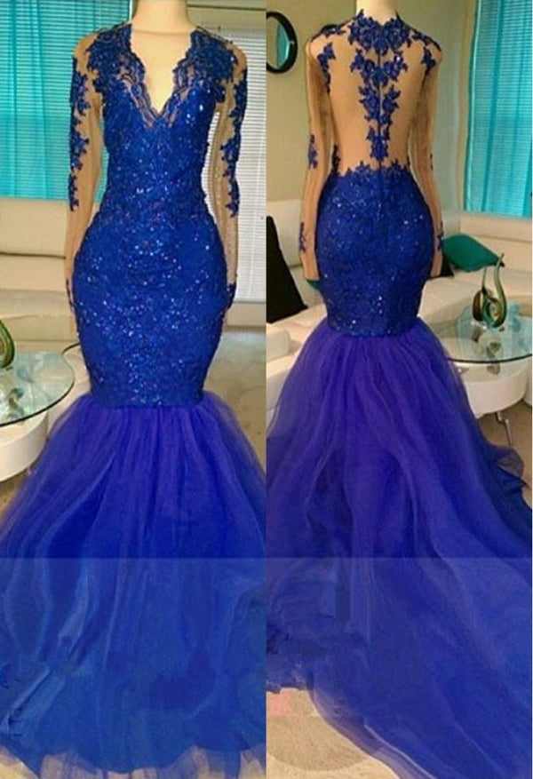 Royal-Blue Long-Sleeve Beading Sequins V-neck Appliques Mermaid Tulle Prom Dresses-showprettydress