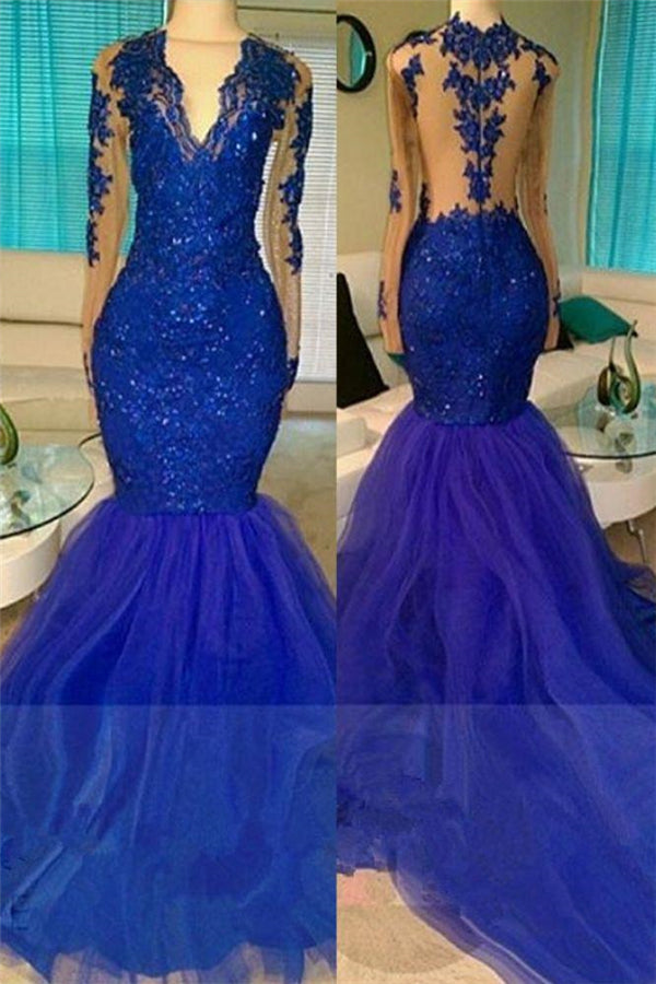 Royal-Blue Long-Sleeve Beading Sequins V-neck Appliques Mermaid Tulle Prom Dresses-showprettydress