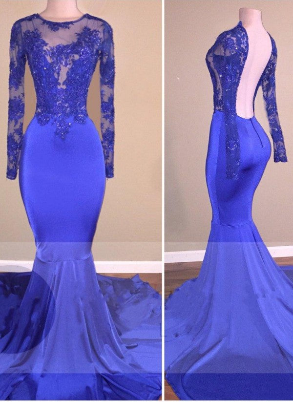 Royal-Blue Long-Sleeves Open-Back Mermaid Charming Sheer Prom Dresses-showprettydress