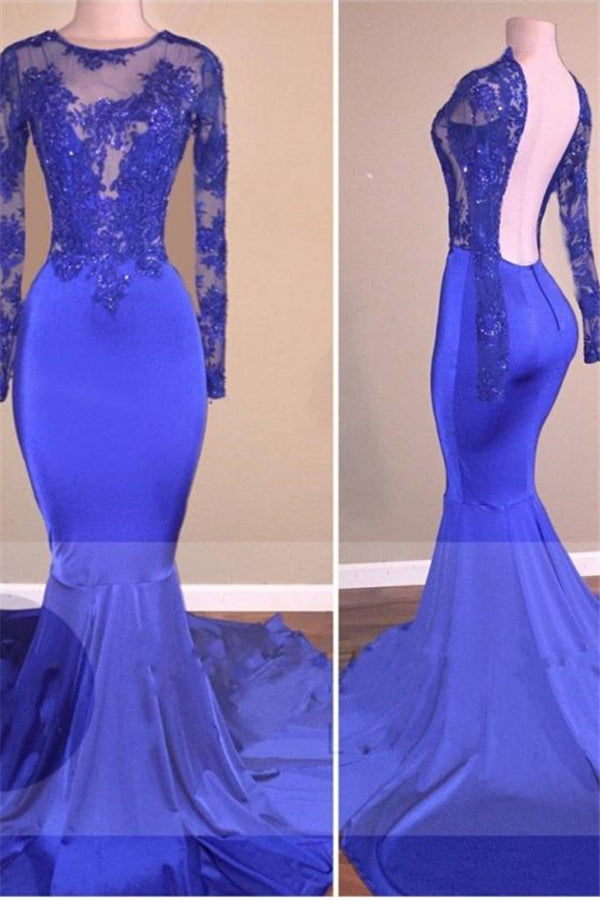 Royal-Blue Long-Sleeves Open-Back Mermaid Charming Sheer Prom Dresses-showprettydress