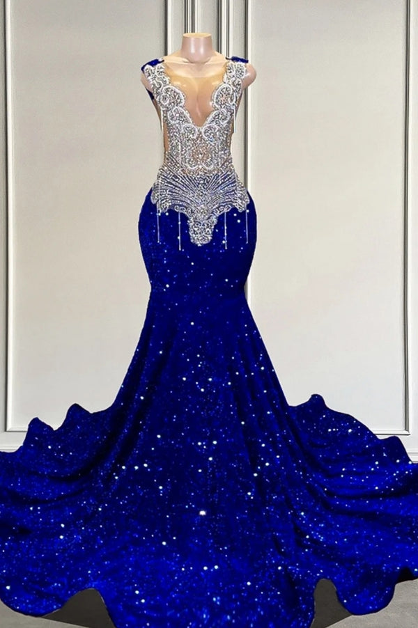 Royal Blue sequin Silver Beaded Mermaid Long V-neck Prom Dresses-showprettydress