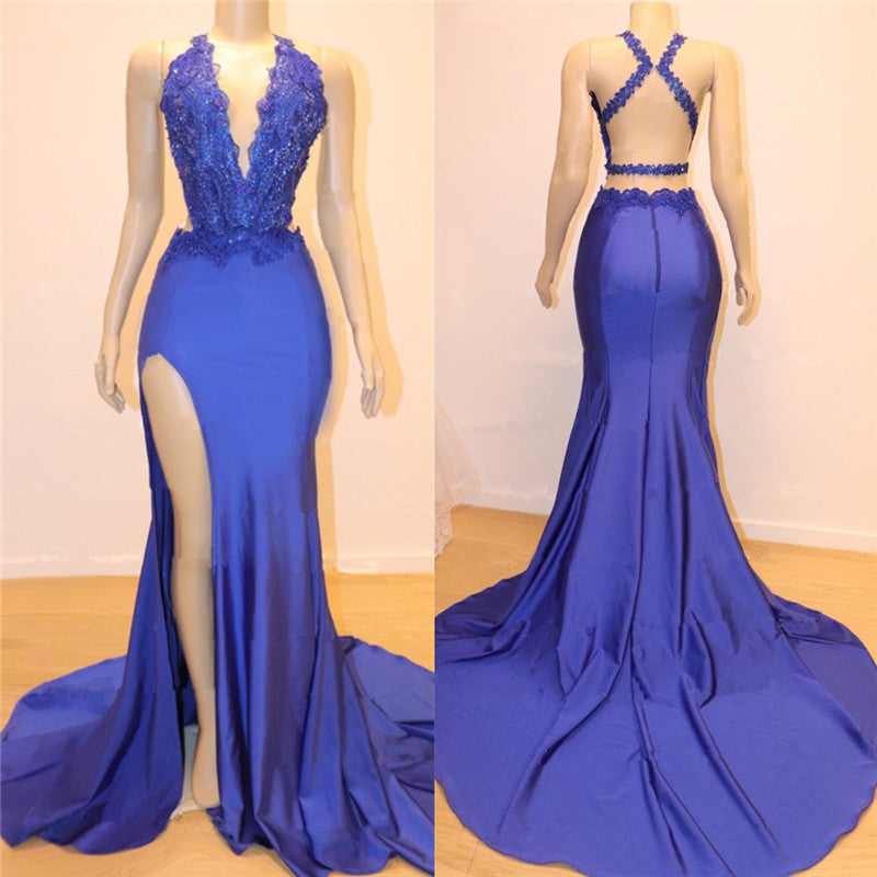 Royal Blue V-neck Open back Side Slit Mermaid Beads Lace Prom Dresses-showprettydress