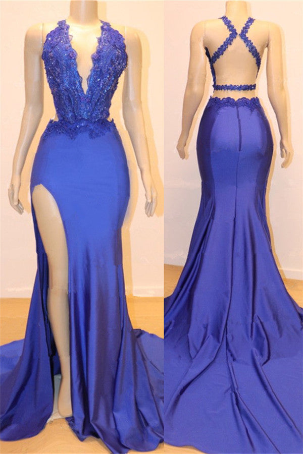 Royal Blue V-neck Open back Side Slit Mermaid Beads Lace Prom Dresses-showprettydress