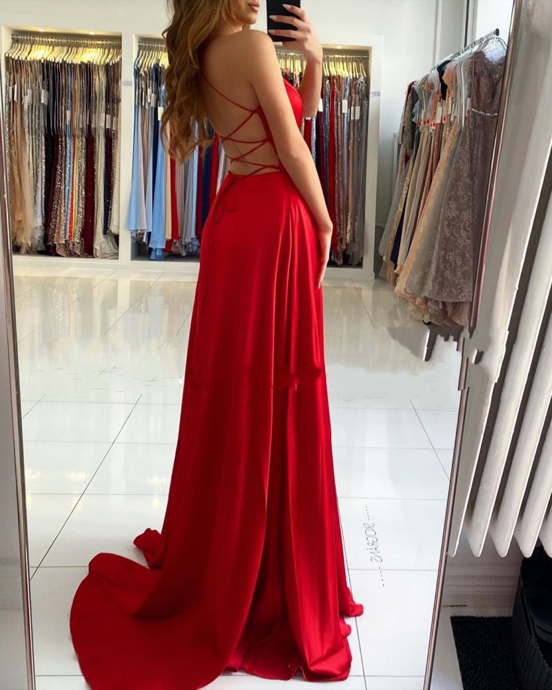 Ruby Red Chic High split Court Train Long evening Dress-showprettydress