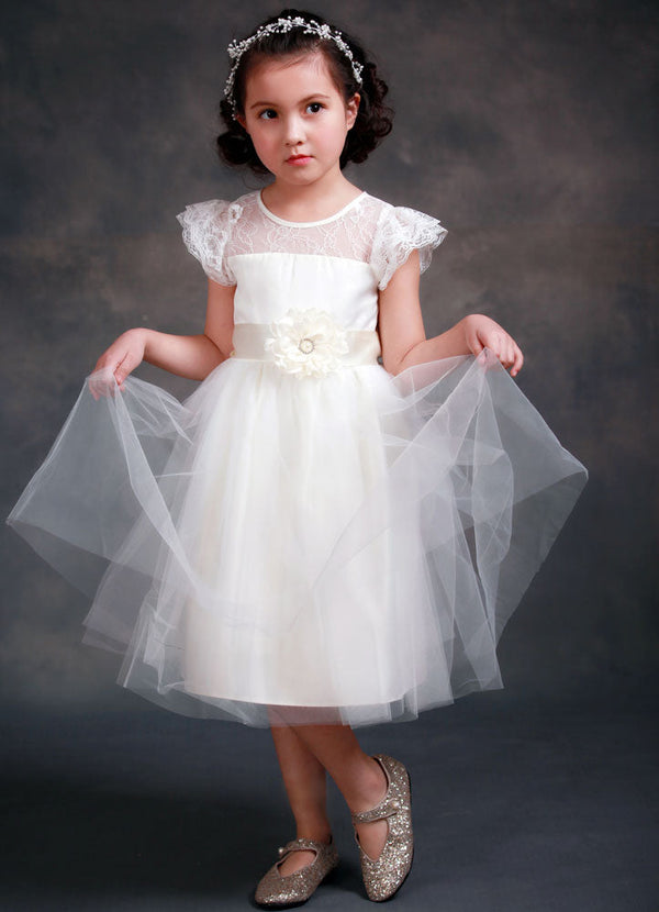 Satin Flower Girl'S Dress Ball Gown Illusion Neck Short Sleeves Girl'S Princess Formal Dress-showprettydress