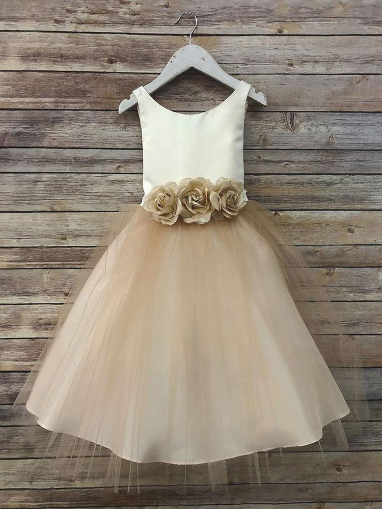 Satin Jewel Neck Sleeveless Flowers Ankle Length Sash Kids Party Dresses-showprettydress