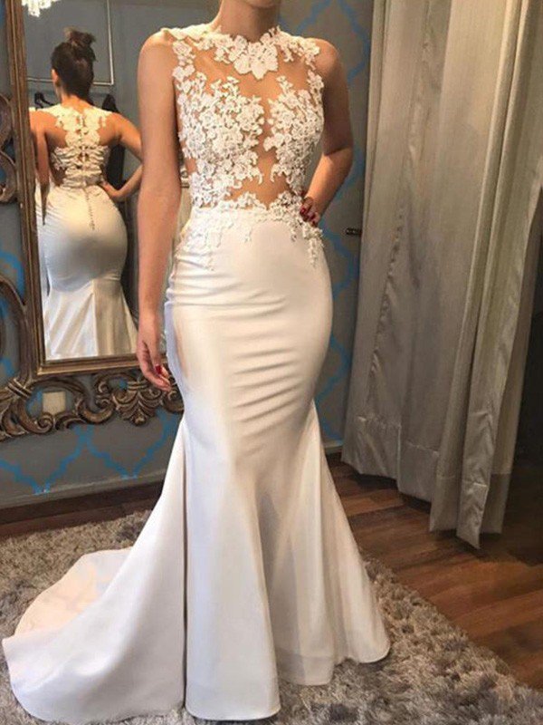 Satin Mermaid Scoop Sleeveless Applique Court Train Wedding Dresses-showprettydress