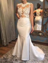 Satin Mermaid Scoop Sleeveless Applique Court Train Wedding Dresses-showprettydress