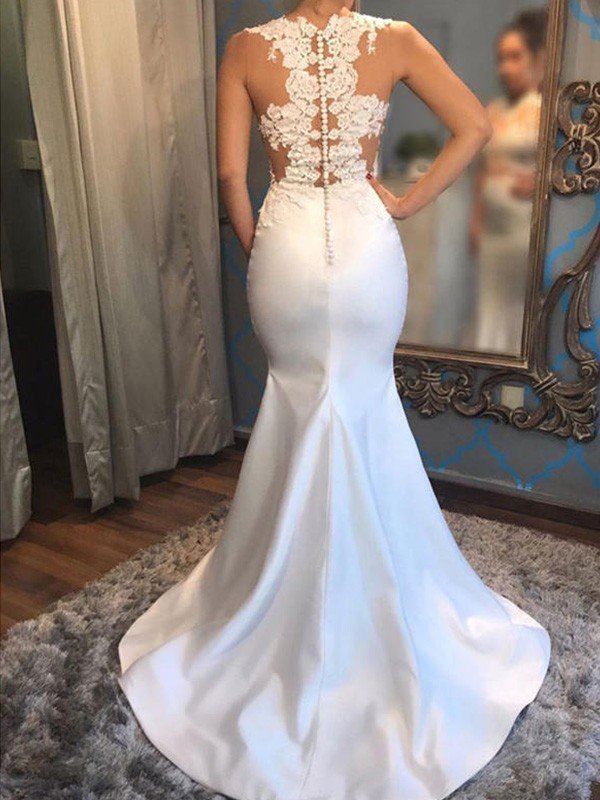 Satin Mermaid Scoop Sleeveless Applique Court Train Wedding Dresses-showprettydress