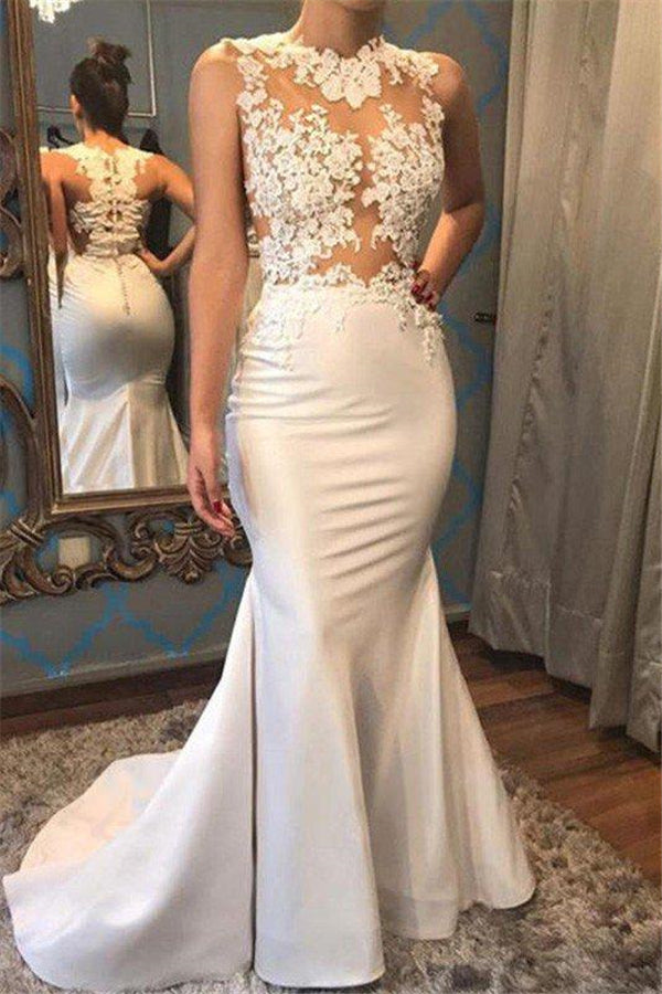 Satin Mermaid Scoop Sleeveless Applique Court Train Wedding Dresses-showprettydress