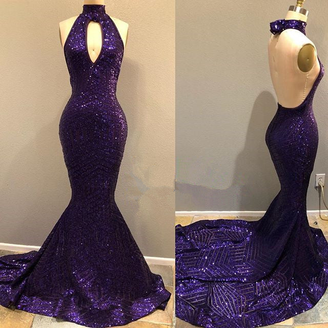 Sequins Halter Grape Prom Party Gowns| Backless Long Evening Gowns-showprettydress