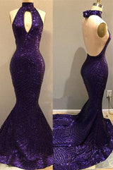 Sequins Halter Grape Prom Party Gowns| Backless Long Evening Gowns-showprettydress