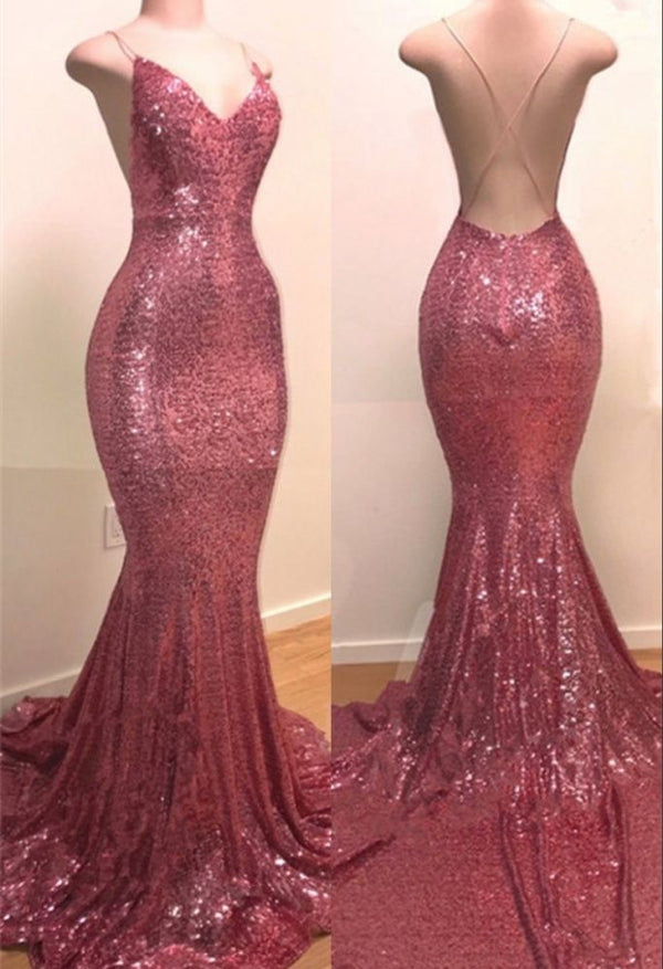 Sequins V-neck Sleeveless Spaghetti Backless Prom Dresses-showprettydress