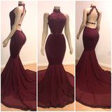 Sexy Backless Halter Mermaid Prom Dress Burgundy Long Chiffon Backless-showprettydress