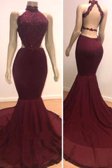 Sexy Backless Halter Mermaid Prom Dress Burgundy Long Chiffon Backless-showprettydress