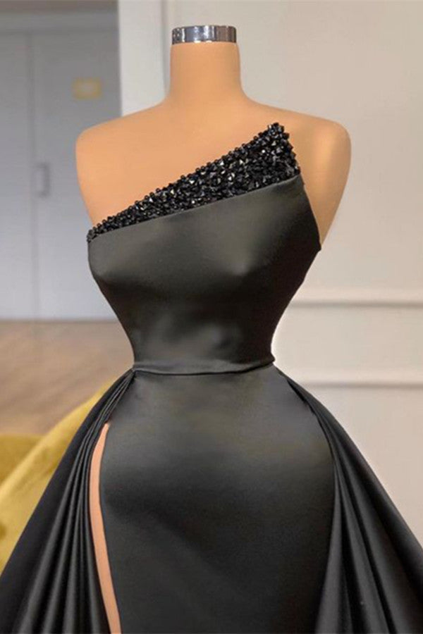 Sexy Black Long Mermaid Satin Beadings Prom Dress With Split-showprettydress