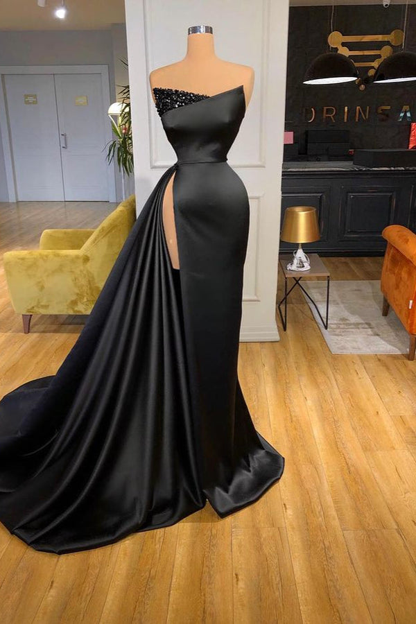 Sexy Black Long Prom Dress With Split Beadings Evening Gowns-showprettydress