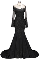 Sexy Black Long Sleeves Lace Mermaid Prom Dress Sequins Long-showprettydress