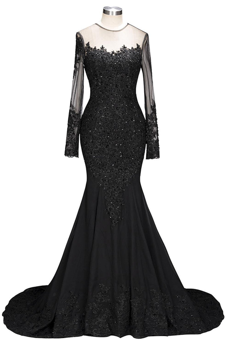 Sexy Black Long Sleeves Lace Mermaid Prom Dress Sequins Long-showprettydress