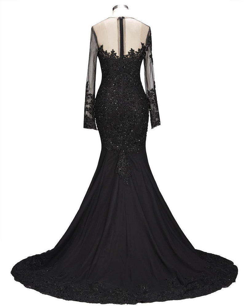 Sexy Black Long Sleeves Lace Mermaid Prom Dress Sequins Long-showprettydress