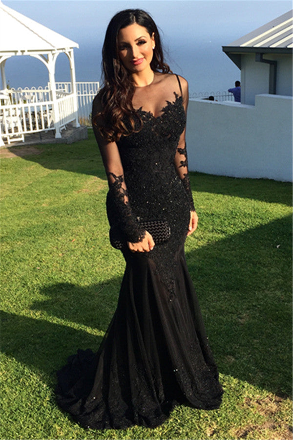 Sexy Black Long Sleeves Lace Mermaid Prom Dress Sequins Long-showprettydress