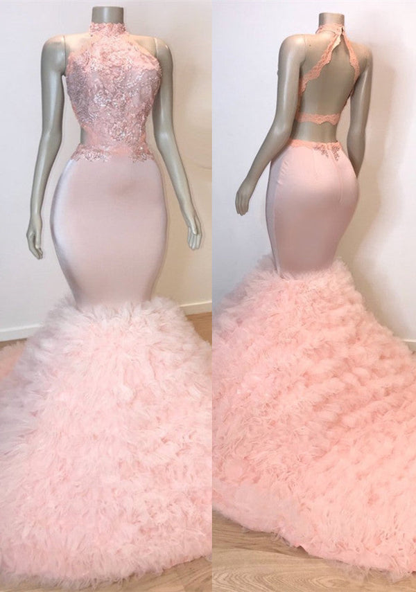 Sexy Chiffon High Collar Mermaid Prom Dress Sequins Pink Long-showprettydress