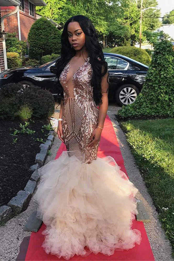 Sexy Deep V-neck Tulle Mermaid Prom Dress Sequins Long-showprettydress