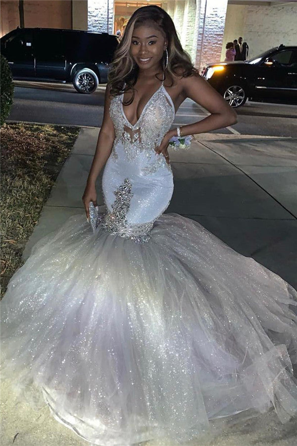 Sexy Deep V-neck Tulle Mermaid Prom Dress Sequins Long With Spaghetti Straps-showprettydress